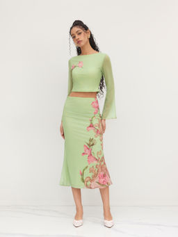 Cider - Mesh Floral Women's Lettuce Trim Crop Top Skirt Set Green