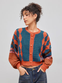 Cider - Knit Women's Oversized Round Neck Button-Up Cardigan Multi-Color