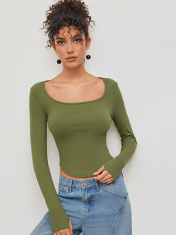 Cider - Thermal Cotton-blend Women's Square Neck Thumb Hole Tee Matcha Green