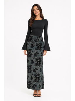 Cider - Women's Floral Ruched Boat Neck Skirt Set Black & Blue