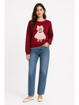 Cider - Bear Graphic Women Regular Fit Round Neck Sweater Red