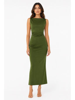 Cider - Satin Boat Neck Ruched Maxi Dress Olive