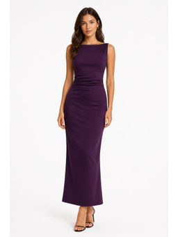 Cider - Satin Women's Regular Fit Boat Neck Ruched Maxi Dress Purple