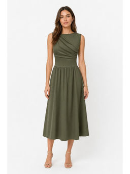 Cider - Ruched Women's Sleeveless Round Neck Maxi Dress Olive