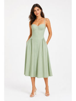Cider - Lace Trim Women's Ruffled Square Neck Maxi Dress Green