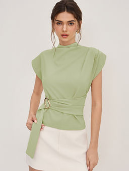 Cider - Belted Women Stand Collar Cap Sleeve Top Green