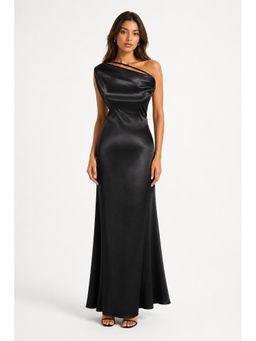 Cider - Satin Women's Backless Asymmetrical Neck Maxi Dress Black