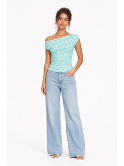 Cider - Women's Off-Shoulder Ruched Top Pale Green