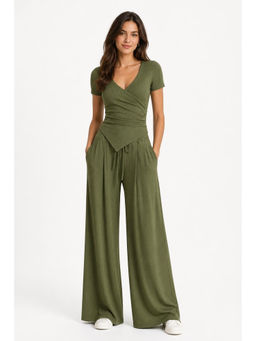 Cider - Women's Ruched V-Neck Pant Set Olive