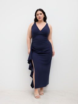 Cider - V-Neck Women's Asymmetrical Ruffle Hem Maxi Dress Navy Blue