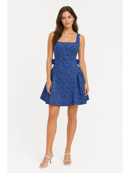 Cider - Jacquard Women's Floral Backless Bow Mini Dress Navy Blue