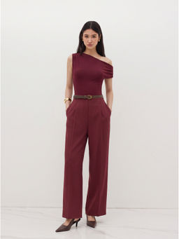 Cider - Ruched Women's Asymmetrical Neck Belted Jumpsuit Wine