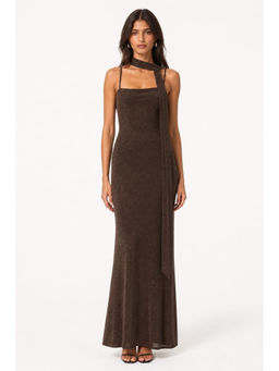 Cider - Mesh Women's Slim Ruched Halter Neck Maxi Dress Brown