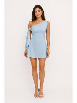 Cider - Women's Asymmetrical Neck Knotted Mini Dress Baby Blue