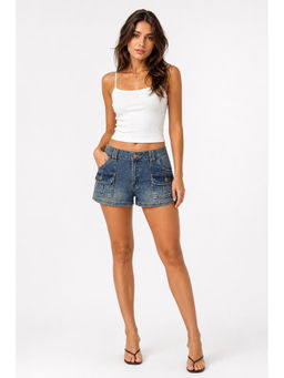 Cider - Stretch Denim Women Low Waist Pocket Micro Denim Shorts Indigo