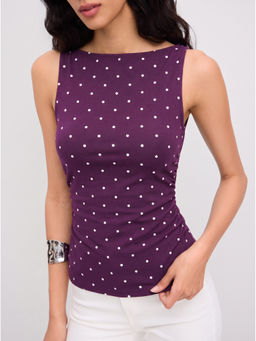 Cider - Cotton Blend Women’s Knotted Ruched Boat Neck Tank Top Purple