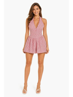 Cider - Gingham Women's Halter Neck Shirred Romper Red