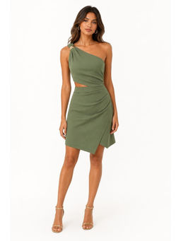 Cider - Metal Detail Women's Cut-Out Ruched Mini Dress Olive