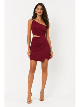 Cider - Asymmetrical Neck Women's Cut-Out Ruched Mini Dress Wine
