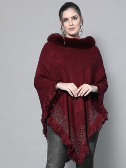 Mafadeny - Women Embellished Turtle Neck Viscose Maroon Poncho