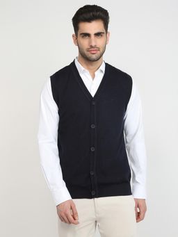 ColorPlus - Men Navy Blue Wool Blend Regular Fit Cardigan