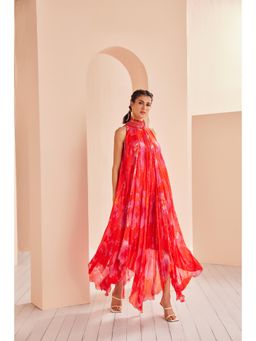 MANDIRA WIRK - Printed Chiffon with Entence Hand Embroidered Collar High Low Dress