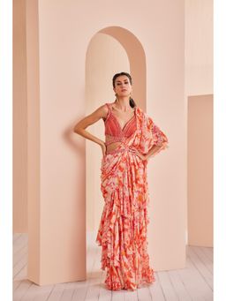 MANDIRA WIRK - Printed Georgette Lurex Draped Saree with Stitched Blouse and Belt