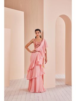 MANDIRA WIRK - Chiffon Solid Saree with Embroidered Stitched Blouse and Belt