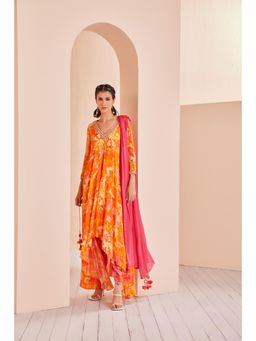 MANDIRA WIRK - Printed Crepe Asymmetric Embroidered Kurti with Dhoti and Dupatta (Set of 3)