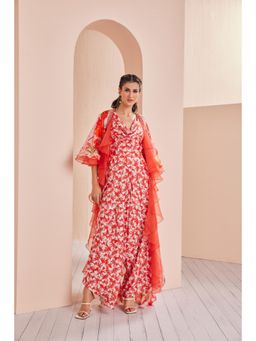 MANDIRA WIRK - Printed Satin Jumpsuit with Chiffon Cape (Set of 2)