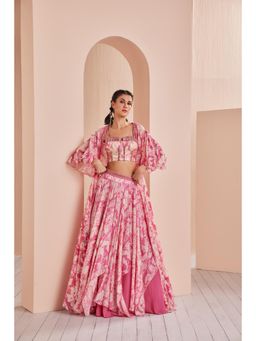 MANDIRA WIRK - Printed Chiffon Lehenga Paired Up with Blouse and Cape (Set of 3)