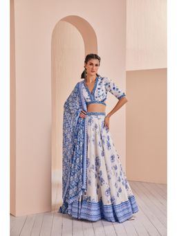 MANDIRA WIRK - Blue Chanderi Printed Lehenga with Blouse and Dupatta (Set of 3)