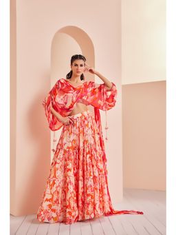MANDIRA WIRK - Stylized Draped Blouse Detailed Rushed Sleeve with Chiffon Lehenga (Set of 3)