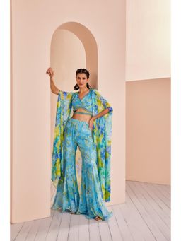 MANDIRA WIRK - Printed Chiffon Embroidered Blouse Paired with Sharara, Belt and Cape (Set of 4)