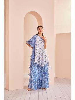 MANDIRA WIRK - Blue Printed One Shoulder Stylized Chiffon Top with Sharara (Set of 2)