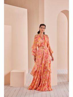 MANDIRA WIRK - Red Pancy Daisy Chiffon Butterfly Kurta Top with Tiered Sharara (Set of 2)