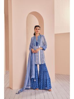MANDIRA WIRK - Blue Perwinkle Border Kurta with Sharara and Dupatta (Set of 3)