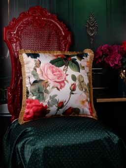 THE WHITE INK DECOR - Elegant Satin Floral Print Cushion Cover with Fringe Edging (16x16 Inches)