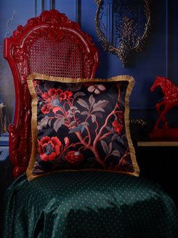 THE WHITE INK DECOR - Exquisite Satin Floral Print Cushion Cover with Fringe (16x16 Inches)