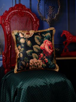 THE WHITE INK DECOR - Satin Floral Cushion Cover with Fringe (16x16 Inches)