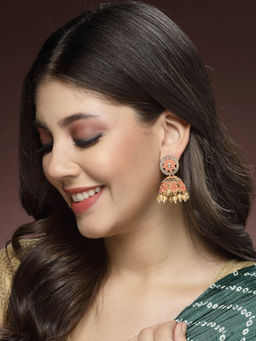 ADIVA - Gold-Plated Hand Painted Pearl and Stone Jhumka Earrings
