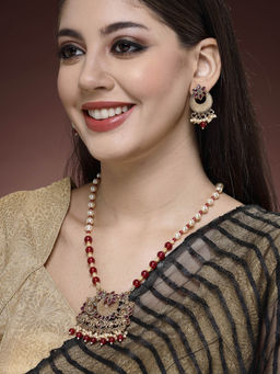 ADIVA - Antique Gold-Plated Maroon Stone and Pearls Handcrafted Jewellery Set