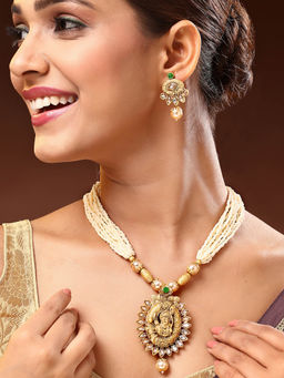 ADIVA - 18K Gold-Plated Lord Ram Green Kundan Multistrand Pearl Jewellery Set