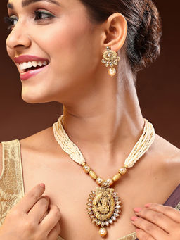ADIVA - 18K Gold-Plated Lord Ram Cream Kundan Multistrand Pearl Jewellery Set