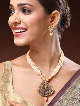 ADIVA - 18K Gold-Plated Lord Krishna Cream Kundan Multistrand Pearl Jewellery Set