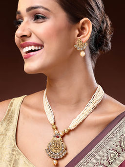 ADIVA - 18K Gold-Plated Lord Ganesha Red Kundan Multistrand Pearl Jewellery Set