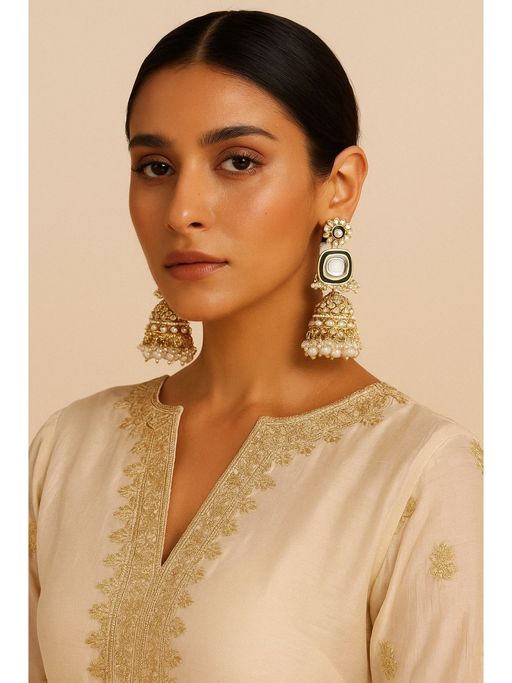 Aatmana Gold Plated Kundan Studded and Artificial Beaded Jhumka Earrings