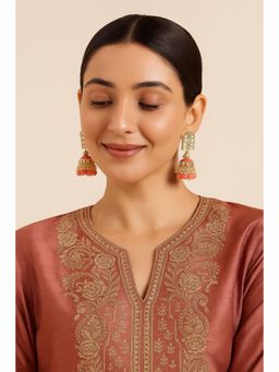 Aatmana - Gold Plated Coral Artificial Kundan Studded Drop Jhumka Earrings