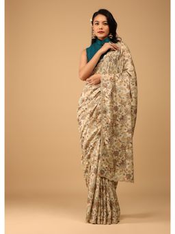 KALKI FASHION - White Saree with Floral Hand Block Print and Embroidery with Unstitched Blouse