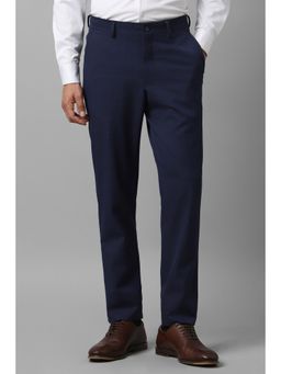 Louis Philippe - Men Navy Blue Slim Fit Checks Flat Front Formal Trousers